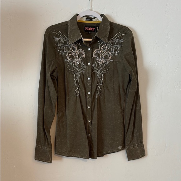 Roar Tops - FINAL! Roar Rock n Roll Cowgirl Olive Green Embellished Snap Button Down Shirt